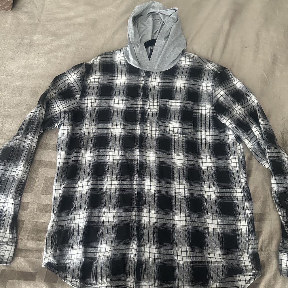 Shein Shirt Men's XL Black‎ White Plaid Hooded Button Front Flannel Top